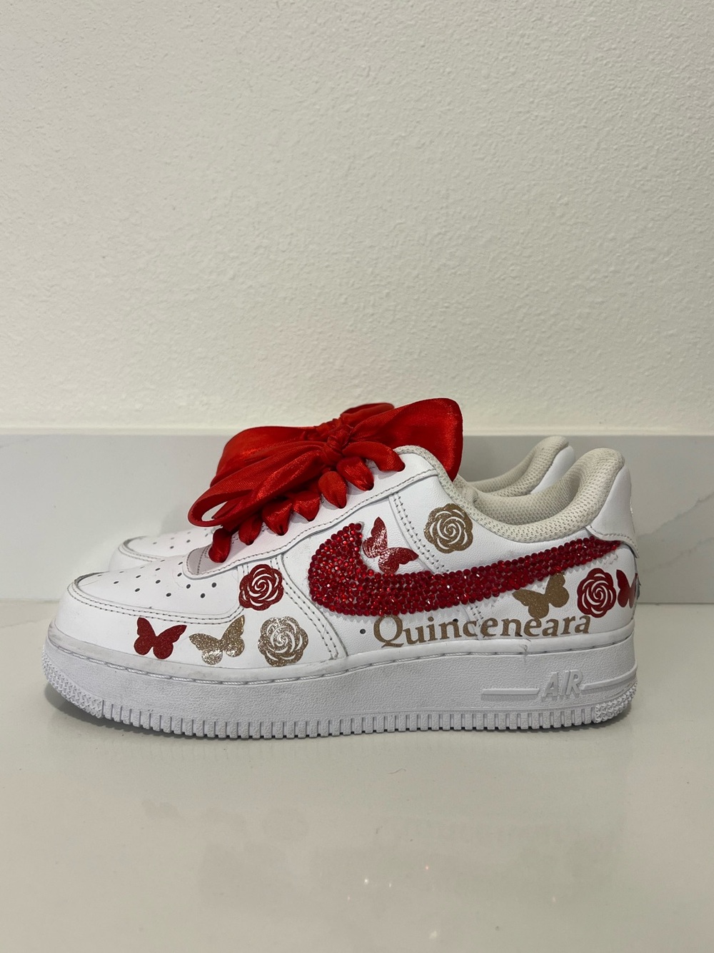 Custom White Quinceañera Nike Sneakers with Red Crystal Swoosh size 6.5